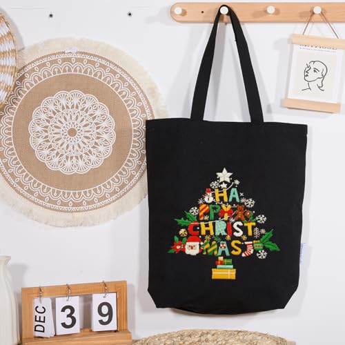 CREAWONDER Canvas Tote Bag Embroidery Kit with Pattern for Beginners, Arts and DIY Embroidery Crafts Kits for Adults, Include Instructions, Thimble, Embroidery Hoops, Color Threads and Tool - color: CR002 Christmas tree black
