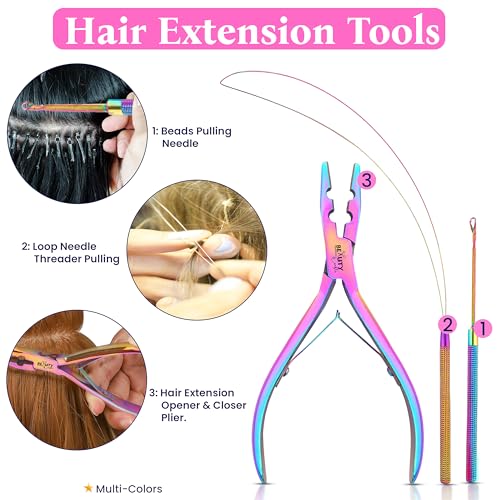 Beauty & Crafts Micro Links Hair Extensions Kit- Stainless Steel Beads Closer and Remover plier, Hair Extensions Loop Needle Pulling Hook, Bead Tool for Hair or Feather Extensions with Leather Pouch - color: Rainbow