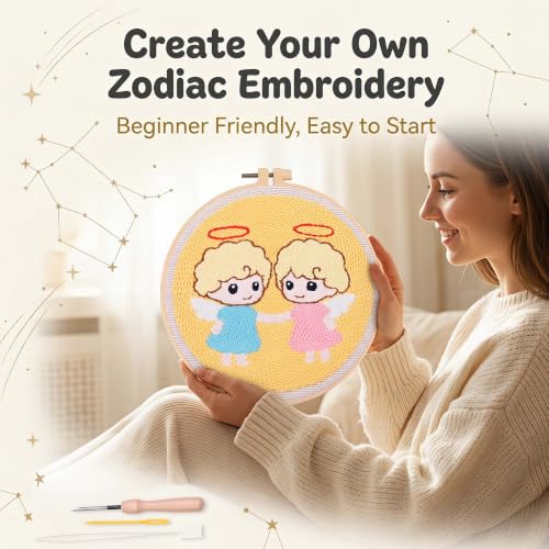 Harimau Punch Needle Kit Twelve Zodiac Signs Pattern,1Pc Embroidery Hoop, Essential Punch Needle Supplies,Ideal Punch Art for Beginners,DIY Adults Embroidery, Video Teaching - color: 65277
