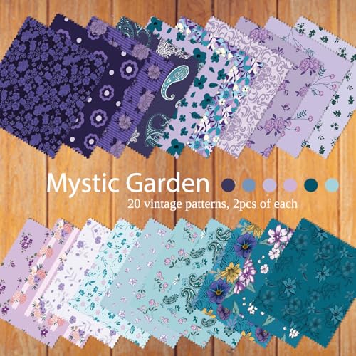 5" Fabric Squares, 40 Pcs Cotton Squares, Charm Pack Fabric for Quilting - color: Mystic Garden