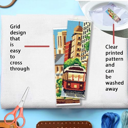 FREEBLOSS 6 Set Cross Stitch Bookmark Kit 11 CT Stamped Cross Stitch Kit DIY Embroidery Bookmark Kits for Adult Beginners with Instructions, Parisian Street Scenes, 6 x 20 cm/8" x 2.4" - style: Paris Theme