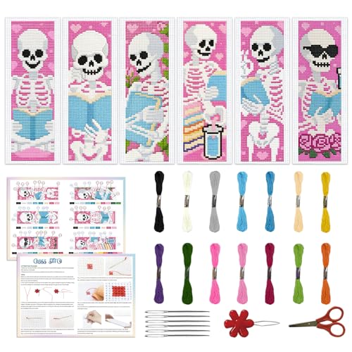 ACRNIGHEET 6PCS Stamped Cross Stitch Bookmark Kit Beginners Halloween Skull - style: Skull and book patterns