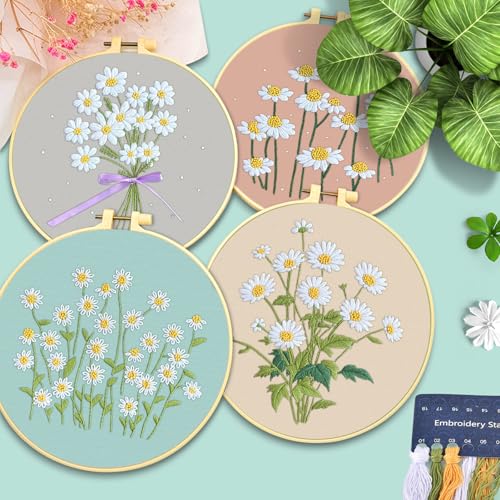 ERKOON 4 Set Embroidery Kit for Beginners, Cross Stitch Set Include Embroidery Cloth Hoops Threads for Craft Lover Hand Stitch with Embroidery Skill Techniques (Daisy) - color: Daisy