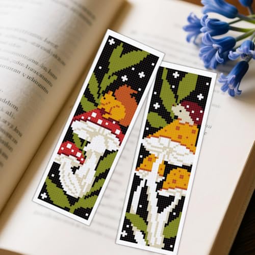 ACRNIGHEET 6PCS Stamped Cross Stitch Bookmark Kit for Beginners Mushroom - style: Mushroom Patterns