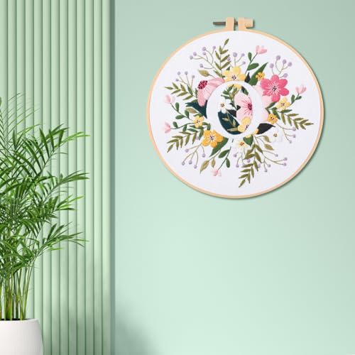 IUHUI Embroidery Kit for Beginners Adults - 26 Floral Letters Easy Patterns, DIY Hand Stitching Embroidery Set with Hoop (Flower and Grass Letter O) - color: Flower and Grass Letter O