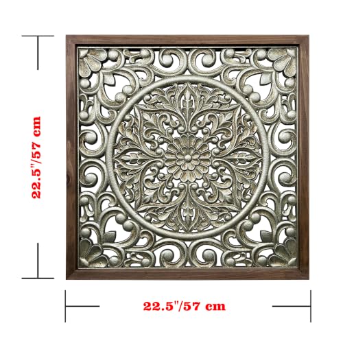 XIAOAIKA Boho Carved Wood Wall Art Panel, Floral Mandala, Distressed Silver - color: Silver