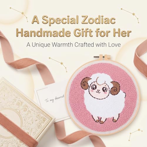 Harimau Punch Needle Kit Twelve Zodiac Signs Pattern,1Pc Embroidery Hoop, Essential Punch Needle Supplies,Ideal Punch Art for Beginners,DIY Adults Embroidery, Video Teaching - color: 65275