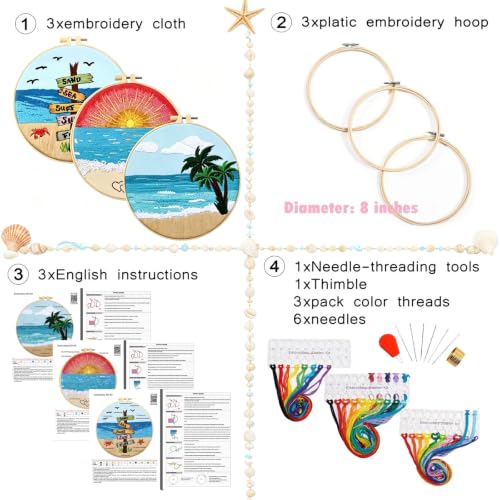 Beach Embroidery Kits for Beginners Adults, Coastal Hand Embroidery Set Needlepoint Kits, Sea Sunrise Stamped Cross Stitch Kits for Beginner Adults, 3 Embroidery Hoop, Fabric (Attached Video Tutorial) - color: Beach, size: 8inch