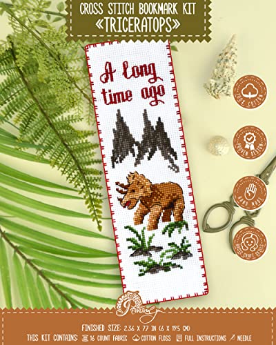 Povitrulya Dinosaur Counted Cross Stitch Kit 'Triceratops' - DIY Embroidery Book Marker Set with Paper Pattern, 16 Count Aida Canvas and Pre-Sorted Floss - color: Triceratops