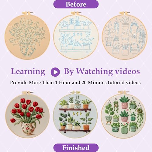 3 Pack Embroidery Kit for Adult Beginners, Needlepoint Cross Stitch Kits with Flower and Green Plant Stamped Patterns, Embroidery Hoop, Tools,Colorful Threads,Step by Step Instructions,DIY Starter Kit - color: Embroidery Kit-A