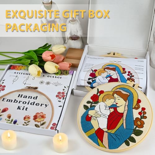 Christian Embroidery Kit for Beginners Adults, Virgin Mary Easy Cross Stitch Kit Jesus and The Holy Mother Mary Pattern Embroidery Starter Kits with Wooden Hoop Needles Threads and Instruction - color: Virgin Mary
