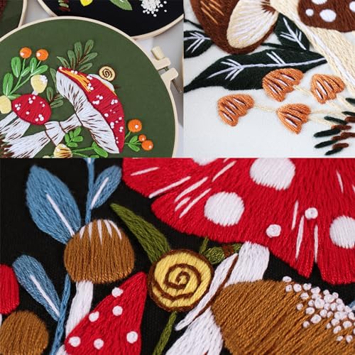 Smart-Feather 3 Sets Mushroom Embroidery kit for Beginners, Hand Embroidery Kits for Adults with Hoop, DIY Art Project Craft Kit (Mushroom) - style: Mushroom