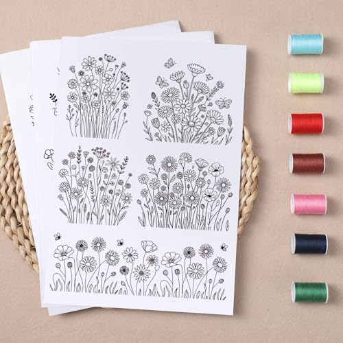 Floral Water Soluble Embroidery Patterns, 5 Sheets Stick and Stitch Embroidery Papers Wash Away, Transfer Paper with Pre-Printed Flower Leaves Designs Customized Gifts for Hand Sewing Lovers Beginners - size: Flower A
