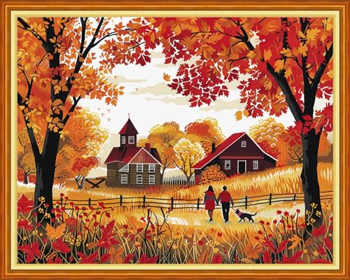 Dimensean Stamped Cross Stitch Kits Full Range of Embroidery Patterns Starter Kits for Beginners Adult DIY Cross Stitches Needlepoint Kits 11CT- Golden Autumn Strolling 16x20 inch - color: Arts kits 06
