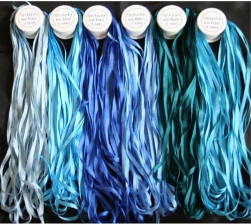 New 7mm Size ThreadNanny 6 Spools of 100% Pure Silk Ribbons - Blue Tones - 60 Meters x 7mm
