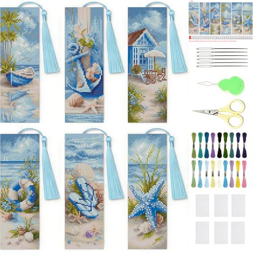 NEGEKFKX 6 Pcs Beach Cross Stitch Bookmark Kit for Adult Beginners - color: Cross stitch bookmark-17