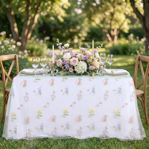 Floral Wildflower Tablecloth 60x120 Inches Sheer Sage Green Tulle Fabric - color: Sage Green, size: 60"x120", 1 Pc