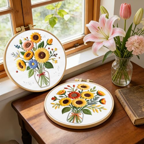 ERKOON Embroidery Kit for Beginners Adult, 2 Set Flower Cross Stitch Set Include Embroidery Cloth Hoops Threads for Craft Lover Hand Stitch with Embroidery Skill Techniques (Sunflower) - color: Sunflower