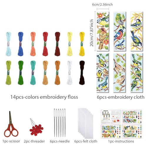 FREEBLOSS 6 Set Cross Stitch Bookmark Kit 11CT DIY Cross Stitch Kits Birds Stamped Embroidery Kit with Instructions Bookmark Making Set for Adult Beginners 8x2.4inch
