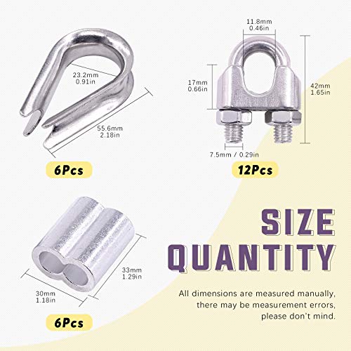 Swpeet 24Pcs M10 (3/8") Wire Rope Accessory Set, Included M10 Wire Rope Cable Clip Clamp, M10 Stainless Steel Thimble, 10mm Aluminum Crimping Loop Sleeve Perfect for 1/8 inch Wire Rope Cable (M10) - size: M10