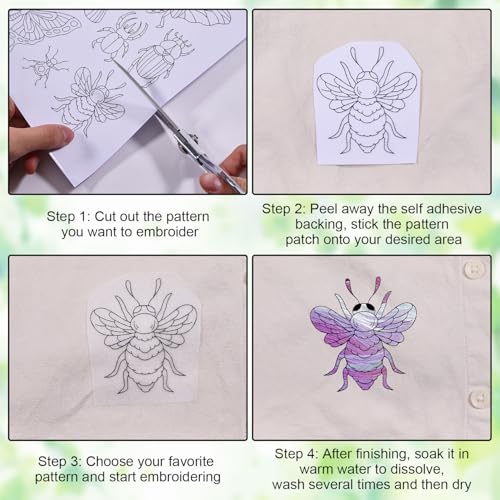 GLOBLELAND 4 Sheets Insect Water Soluble Embroidery Pattern 8.3×11.7 inch - color: Insect