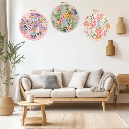 Smart-Feather 3 Pcs Flower Embroidery kit for Beginners, Embroidery Stitch Practice Kits for Adults with Hoop, DIY Art Project Craft Kit (Flower Stitches), size:b - style: Flower Stitches