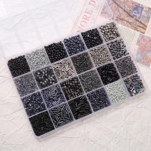 24 Grid Black Glass Seed Bugle Tube Beads Kit for Jewelry Making DIY Craft - color: black, size: 24 Grid