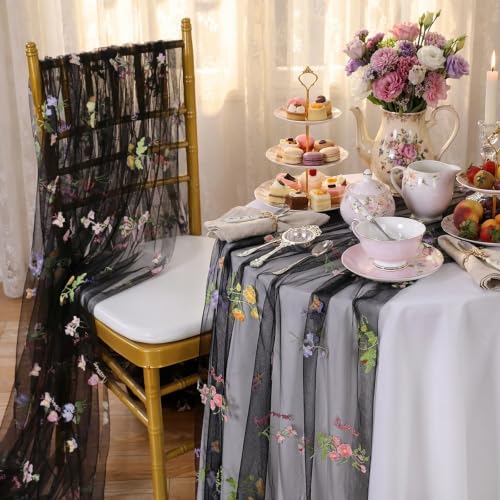 Black Floral Gauze Table Runner 10ft Embroidery Tulle Spring Wildflower - color: Black, size: 27"x120",1pc