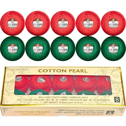 Double Mercerized Egyptian Long Staple Cotton Pearl Thread Ball 10 Grams Rainbow Color Embroidery Thread 10 Colors per Box for Crochet Hardanger Cross Stitch Hand Embroidery,red Green - color: classic color