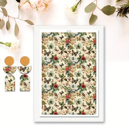 Briartw 10 Sheets Polymer Clay Transfer Paper - Vintage Botanical Pattern - Per Sheet 5.82 x 3.93 inch - Water-Soluble Transfer Sheets Disposable Stickers for DIY Clay Jewelry Earrings Making