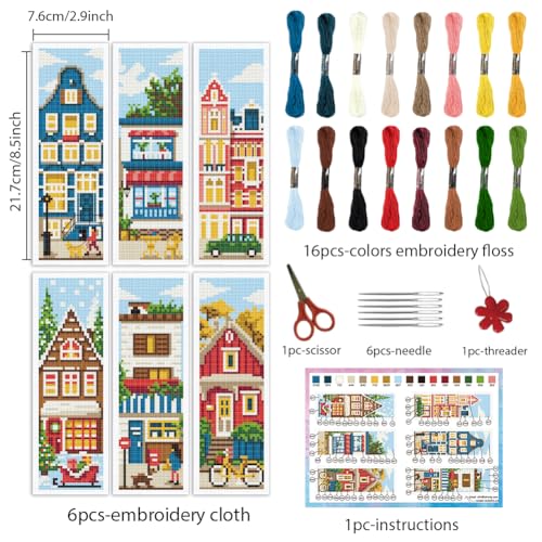 INFUNLY 6 Set DIY Cross Stitch Bookmark Kit Building House Cross Stitch Kits 8"x2.4" Pre-Printed Architectural Stamped Embroidery Bookmark Kit with Instructions for Beginners Book Lovers Adults Gift - style: 6pcs Building House