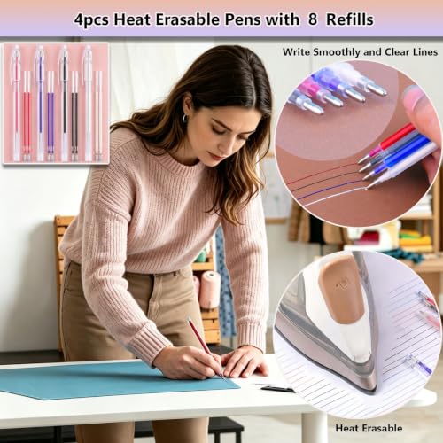 10Pcs Triangle Tailors Chalk with 100Pcs Sewing Clips, 100pcs Straight Pins Set, 4pcs Heat Erasable Fabric Marking Pens with 8 Refills, 3PCS Sewing Fabric Pencils for Quilting Craft Accessories