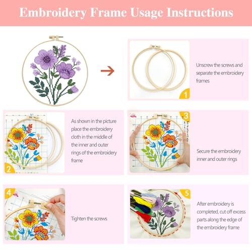 Zhenqing 4-Piece Floral Cross Stitch Kit for Beginners - 11CT 24x24cm Christmas Embroidery Set with Pre-Printed Fabric, Hoop, Threads & Tools(70526) - color: Floral-4 Piece