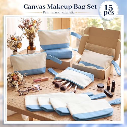Silkfly 15 Pcs Cotton Canvas Makeup Bags Cosmetic Zipper Bags 10.2 x 5.5 x 2'' Blank DIY Pouch Bulk Pencil Case with Bottom Travel Toiletry Pouch for Women Craft Decor Gift (Beige and Light Blue) - color: Beige and Light Blue