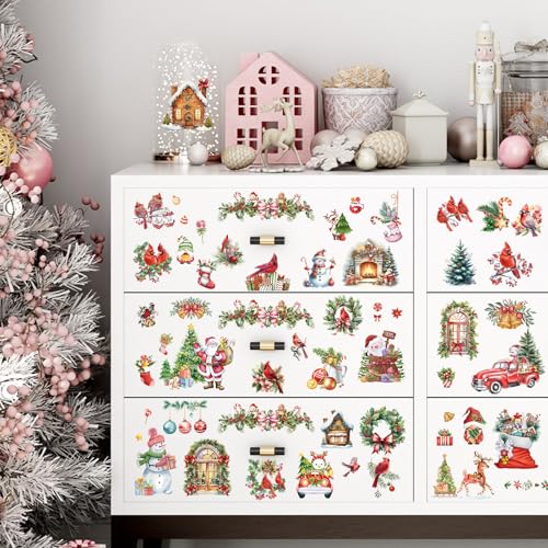Christmas Rub on Transfers for Crafts - 12 Sheets Xmas Cardinals Rub on Transfers for Furniture Winter Santa Snowman Flower Rub on Transfer Stickers Decal for Wood DIY Craft Office Home Decor - style: Christmas
