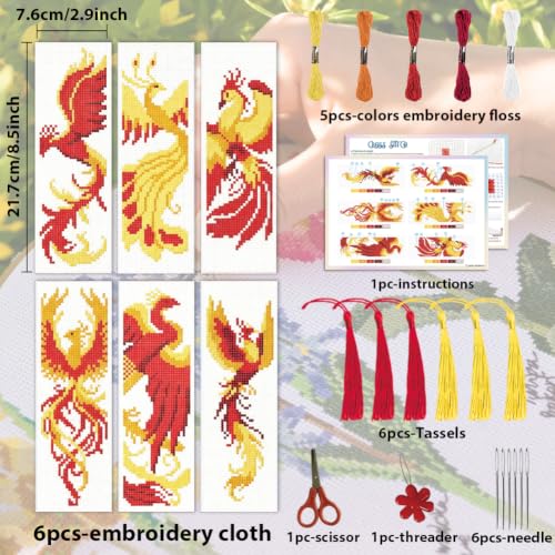 ACRNIGHEET 6PCS Cross Stitch Bookmark Kit for Beginner Stamped Cross Stitch Kits for Adults Phoenix DIY Tassel Embroidery Bookmark Kits Needlepoint Kit with Instructions Craft Gift 8.5''x3'' 11CT - style: Phoenix with Tassel