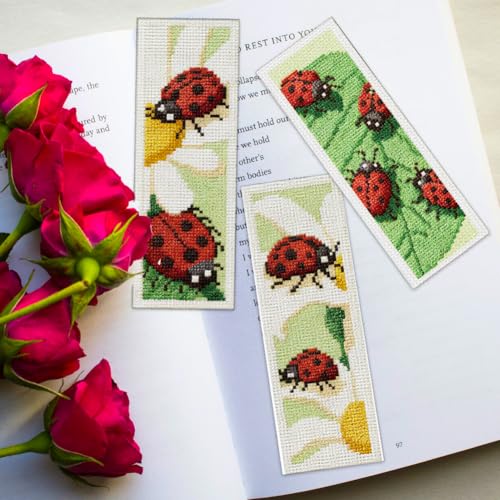 ORIGACH 6 Set Ladybug Cross Stitch Bookmark Kit for Beginner - style: Ladybug