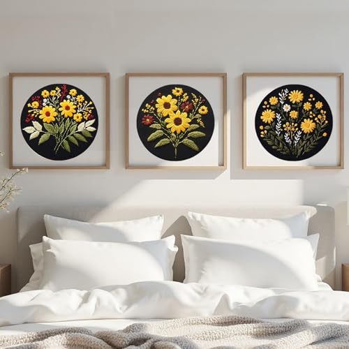 57lilina Embroidery Kit for Beginners, Pack of 3 with Hoop, Threads, Needle - color: Flower C