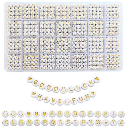 Looconi 1400pcs Letter Beads Gold Alphabet A-Z and Smiley Heart Beads White Acrylic for Jewelry Making Bracelet - color: Goldsmiley, size: 7x4mm