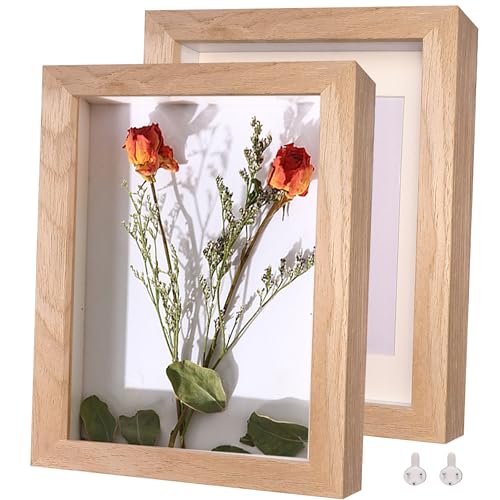 2 Pack Shadow Box Frame 8x10 Shadow Box Display Case Natural Wood Picture Frame Real Glass Surface Internal Depth 0.6 inch for Wall Or Tabletop - color: Teak, size: 8x10 inch