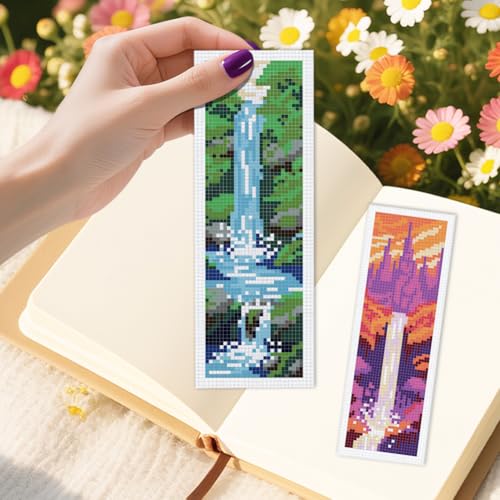 INFUNLY 6 Set Waterfall Cross Stitch Bookmark Kit Landscape DIY Embroidery Bookmarks for Readers 22x8cm/8.67x3.14 Handmade Cross Stitch Bookmarks with Thread Kit Gifts for Book Lovers Adults - style: Waterfall Landscape