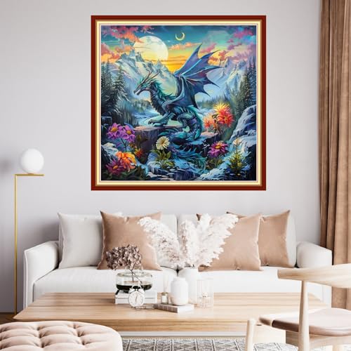 Funchey Stamped Cross Stitch Kits, DIY Cross Stitch Pattern for Adults Beginners Needlepoint Kits Embroidery Kit Arts and Crafts 11CT&Dragon Moon 18x18 inchs - color: HandicraftColor12