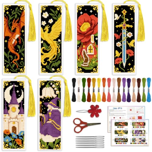 ACRNIGHEET 6PCS Cross Stitch Bookmark Kit for Beginner Fairy Tale Stamped Cross Stitch Kits Needlepoint Kit for Adults DIY Tassel Embroidery Bookmark Kits with Instructions Craft Gift 8.5"x3" 11CT - style: Fairy Tale Patterns