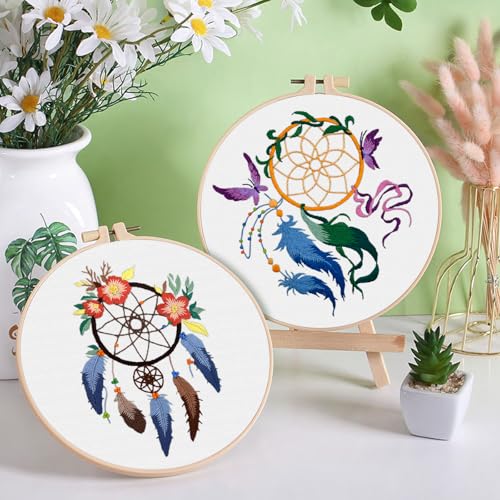 ERKOON 4 Set Embroidery Kit for Beginners, Cross Stitch Set Include Embroidery Cloth Hoops Threads for Craft Lover Hand Stitch with Embroidery Skill Techniques (Feather Wreath) - color: Feather Wreath
