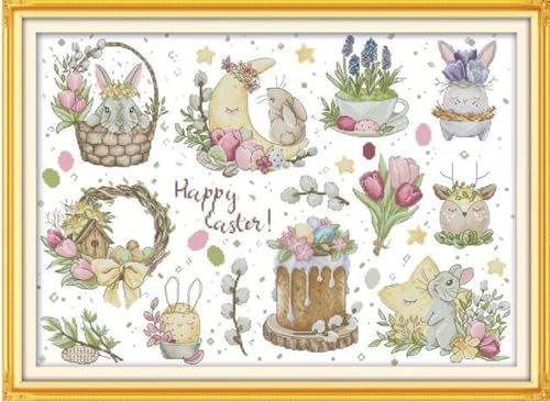 Rosyfoxes Cross Stitch Kits Stamped Full Range of Embroidery Starter Kits for Beginners DIY 14CT 2 Strands - Printed kit Easter Bunny (Printed) 22.8x16.9 inches - color: Easter bunny(printed)22.8x16.9inches