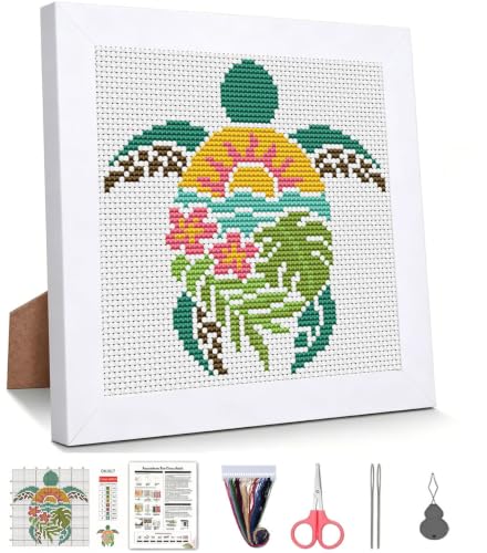 Sea Turtle Stamped Cross Stitch Kits for Beginners Adults with Framed - color: DKJ017