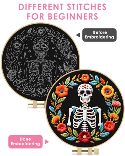 TINDTOP Embroidery Kit for Adult Beginners, Embroidery DIY Starter Kit, with Stamped Patterns, Hoop, Tools, Colorful Threads with Needles, Instructions (Skeleton A) - color: Skeleton A