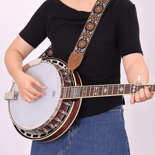 Nefelibata Banjo Strap,2"Wide Double Crazy Horse Leather Jacquard Embroidery Strap Adjustable Replacement,Multi-pattern Strap With Metal Clips - color: A#-embroidery Brown Flower