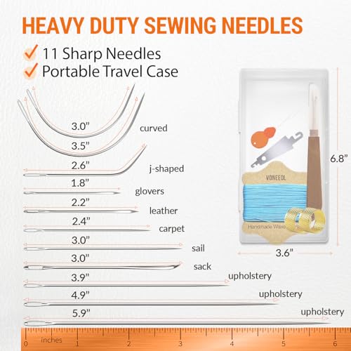 VONEEDL Upholstery Repair Kit: Waxed Sewing Thread (Light Blue Color) & Heavy Duty Needles (11 PCS) for Leather, Canvas & Quilting Thread - color: Light Blue