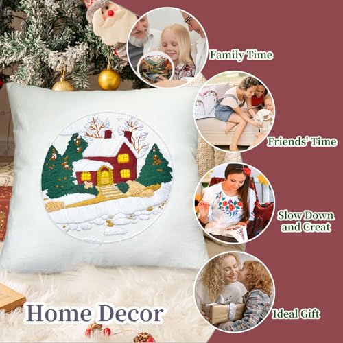 FONNUY Christmas Embroidery Kit for Beginners, Throw Pillow Case Cross Stitch Set Winter Snow House Holly Tree Pattern for Adults, Hand Works Crafts Throw Pillow Cover, 18 x 18'' (White) - color: White